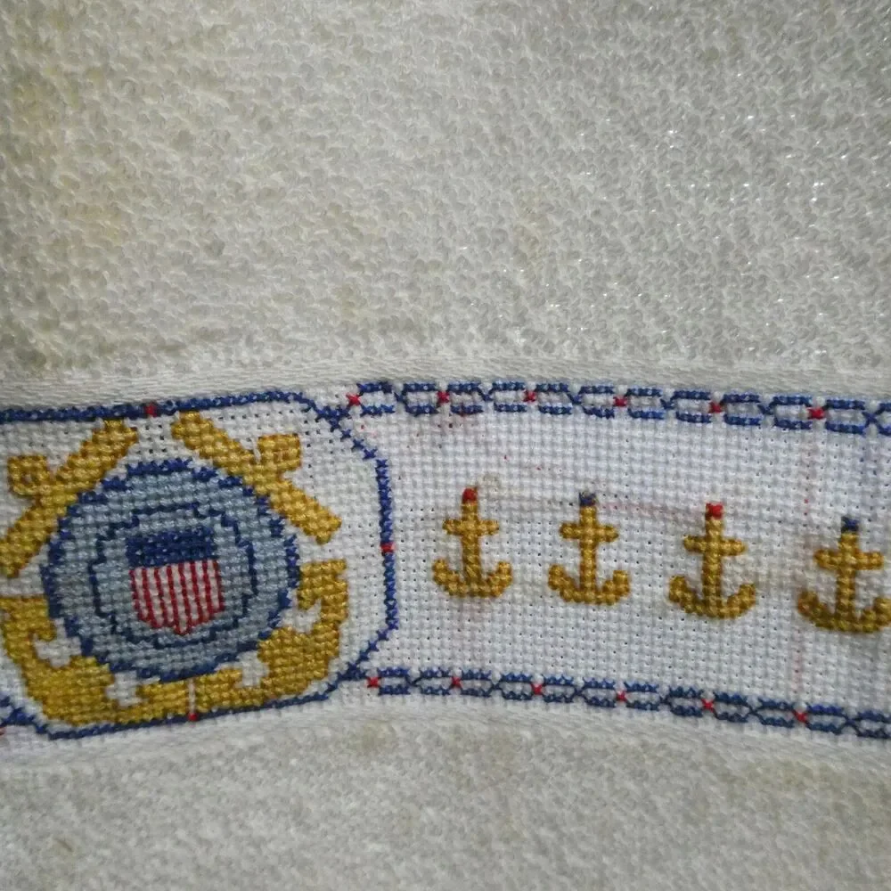 2 Coast Guard Cross Stitch Fingertip Towels Off White Anchors Ship Wheels Emblem